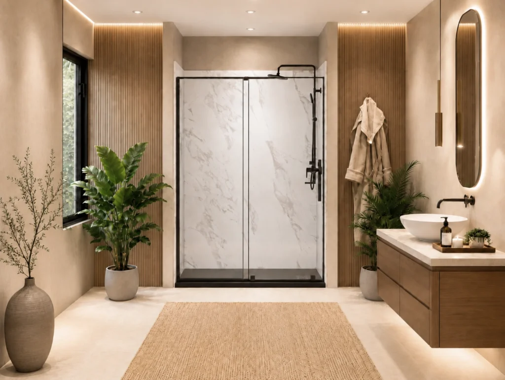 CASTICO Carrara shower walls and base in a finished bathroom